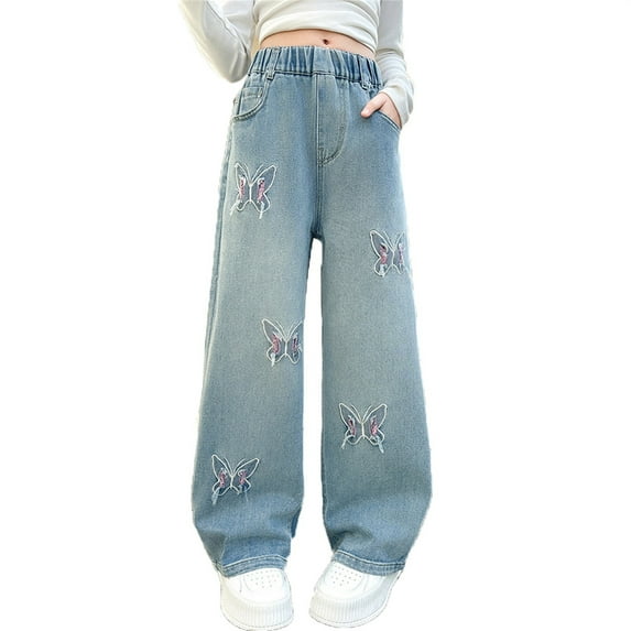 RMGVDSD Kids Girls Jeans Distressed Elastic Waist Baggy Denim Pants Wide Leg Trousers Valentine's Day Fashion Jeans School Wear Trendy Pants Party Wear