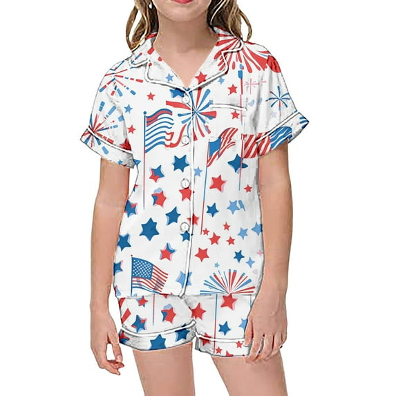 RMGVDSD Kids Girls Pajama Sets Fashion Independence Day Print Button Down Lapel Short Sleeve Shirt Tops Shorts Sleepwear Set Fashion Nightwear for 4-5 Years