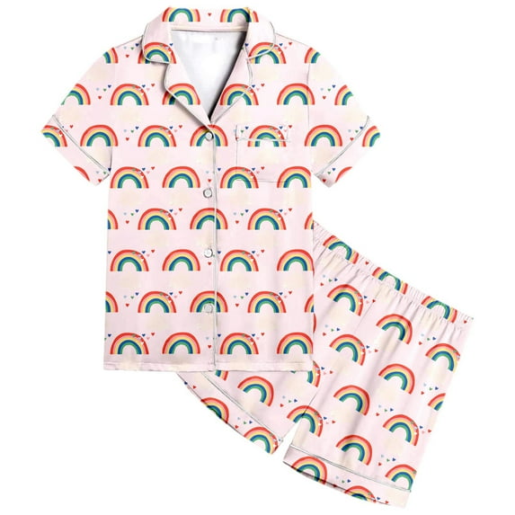 RMGVDSD Kids Girls Pajamas Rainbow Pattern Printed Summer Short Sleeve Shorts Set Kids Button Down Sleepwear Nightwear Loungewear Outfits 6-7 Years