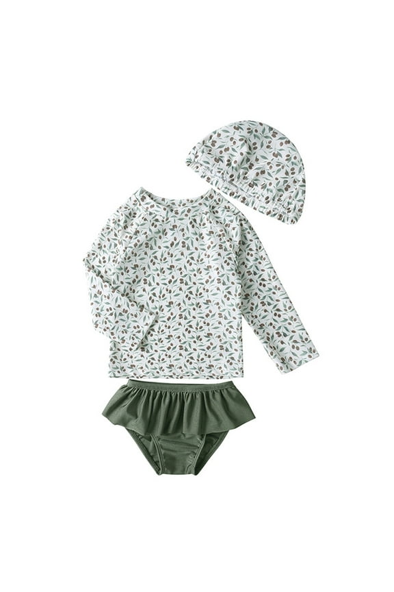 Kids Girls Three Piece Swimsuit Rash Guard Swimwear Floral Swimming Suits Bathing Suit Toddler Girls Swimsuits With Swim Cap Fashion Swimsuits Beachwear