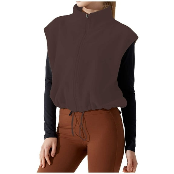 RMGVDSD Ladies Vest With Stand Collar Zip Up Sleeveless Jacket For Winter Sports & Leisure Warm Cozy Fitness Top Solid Color Fashion Basic Sweater Tops /Coffee