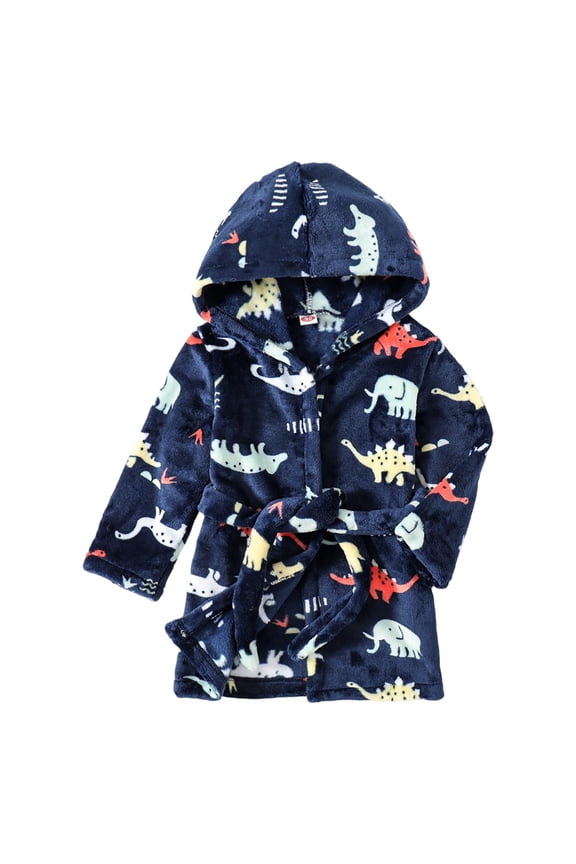 Little Boys Cartoon Hooded Bathrobe Toddler Robe Pajamas Sleepwear Dinosaur Print Soft Flannel Bathrobes Children's Home Wear 5-6 Years