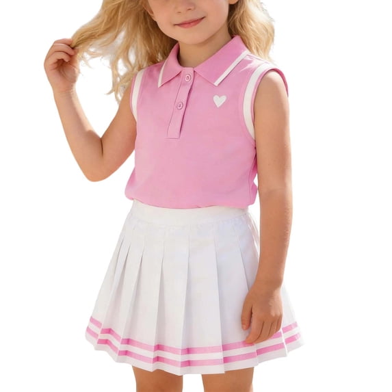RMGVDSD Little Girl'S Clothes Summer Girls Outfits Sleeveless Polo Shirt Tank Tops Pleated Skirt 2 Piece Set Preppy Style Kids Clothing Girl Fashion Clothing
