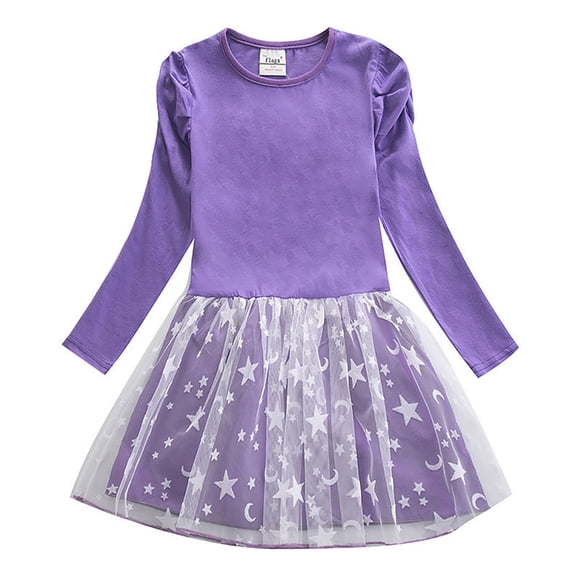 RMGVDSD Little Girl's Dress Spring Toddler Girls Dresses Long Sleeve Party Stars Prints Tulle Princess Dresses Daily Casual Sundress 18-24 Months