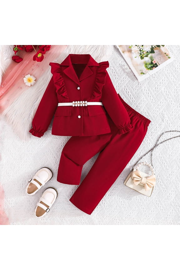 Little Girl's Formal Wear 2 Piece Outfits Elegant Button Ruffle Puff Sleeve Blazer Jacket Belt And Pants Suit Set Spring Clothes Comfy Classic Outfits