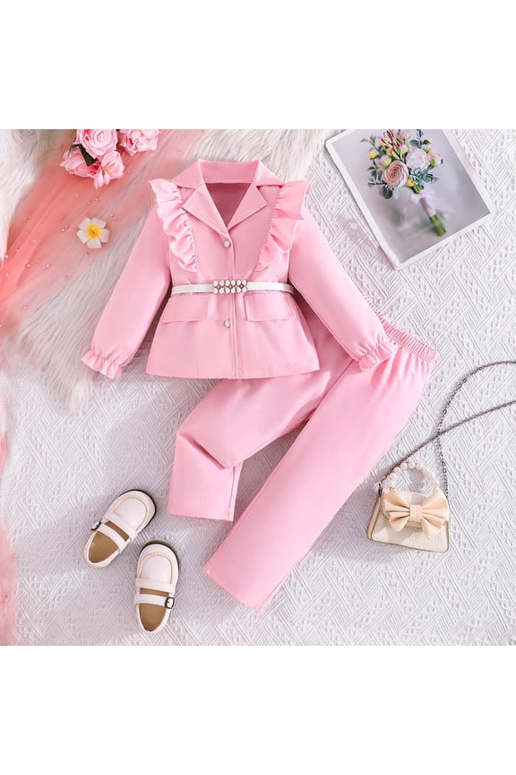 Little Girl's Formal Wear 2 Piece Outfits Elegant Button Ruffle Puff Sleeve Blazer Jacket Belt And Pants Suit Set Spring Clothes Fashionable Clothes