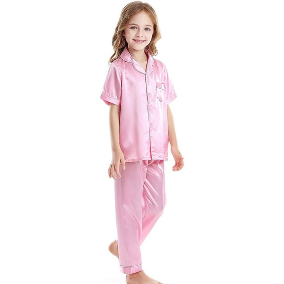 RMGVDSD Little Girls Boys Silk Satin Pajamas Set Button Down Two-Piece Sleepwear Kids Short Sleeve Pants Classic Loungewear Sets Stylish Nightgown for 6-7 Years