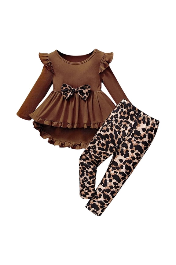 Little Girls Clothes Round Neck Ruffle Long Sleeve Top And Leopard Print Leggings Pants Set 2Pcs Kids Clothing Sets Casual Wear Little Girl Clothes