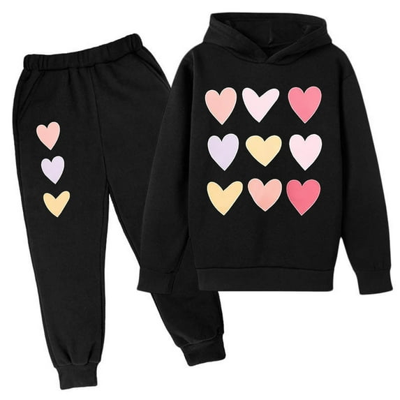 RMGVDSD Little Girls Outfits Fashion Valentine's Day Heart Print Girl's Hoodie Set Long Sleeve Sweatshirt Top+Sweatpant Clothing Set Kids Casual Sets Tracksuits