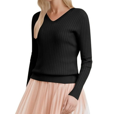 RMGVDSD Long Sleeve Shirts For Women V Neck Casual Tops Ribbed Knit Slim Fit Lightweight Pullover Sweaters Solid Color Fashion Winter Clothes Sweater /Black
