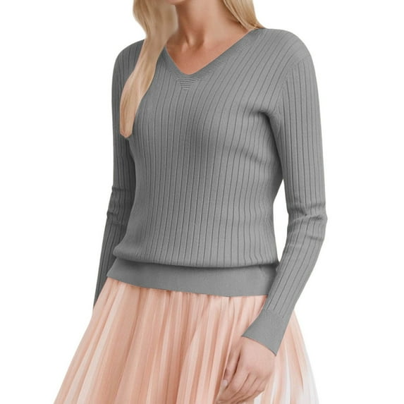 RMGVDSD Long Sleeve Shirts For Women V Neck Casual Tops Ribbed Knit Slim Fit Lightweight Pullover Sweaters Solid Color Sweater Cute Soft Knit Tops /Grey