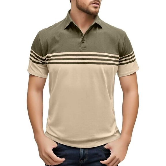 RMGVDSD Men Golf Polo Shirts Men's Summer Fashion Casual Short Sleeved Striped Shirt Lapel T Shirt Color Matching Top Classic Collared Golf Shirt