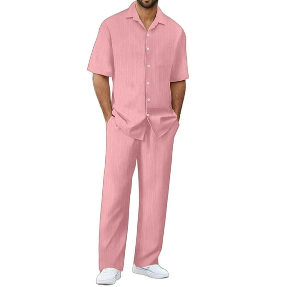 RMGVDSD Men's 2 Piece Outfits Casual Short Sleeve Button Down Shirt And Pants Set Solid Color Comfortable Fit Mens Summer Beach Outfit Casual Athletic Outfits