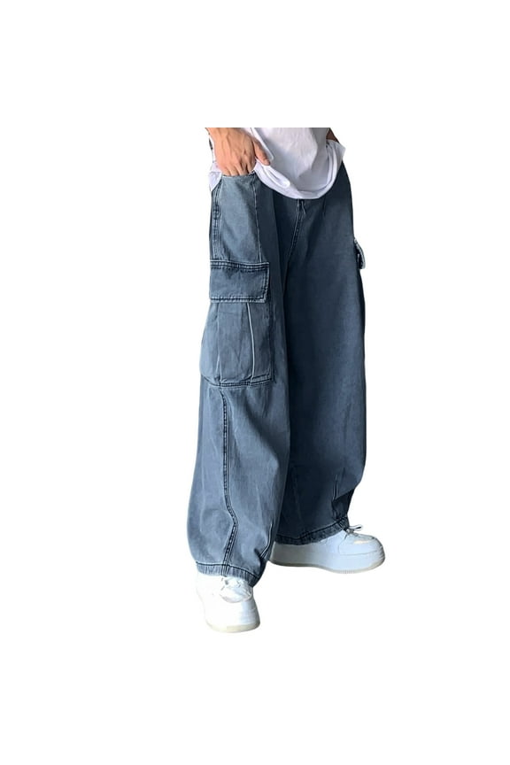 Men's Casual Denim Pants Mens Retro Sag Loose Wide Leg Large Pocket Cargo Denim Wash Daddy Pants Fashion Soft Slacks