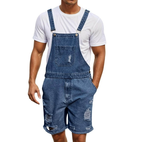 RMGVDSD Men's Denim Overalls Shorts Mens Denim Shorts Bib Overall Jean Romper Shorts Casual Loose Fit Walkshort Button Pockets Summer Jumpersuit Lightweight Trousers