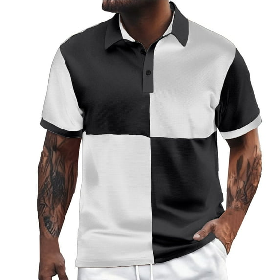 RMGVDSD Men's Polo Shirts Men Color Blocked Casual Loose Comfortable Trendy Business Shirt Button Lapel Short Sleeve Polo Shirt Fashion Athletic Shirts