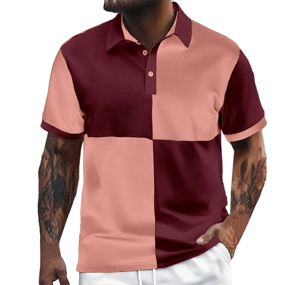 RMGVDSD Men's Polo Shirts Men Color Blocked Casual Loose Comfortable Trendy Business Shirt Button Lapel Short Sleeve Polo Shirt Soft Stretchy Polo Shirts