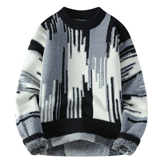 RMGVDSD Men's Stylish Patchwork Sweaters Winter Thick Warm Knit Pullover Long Sleeve Crewneck Color Block Cable Knit Sweater Tops Comfortable Outwear XL