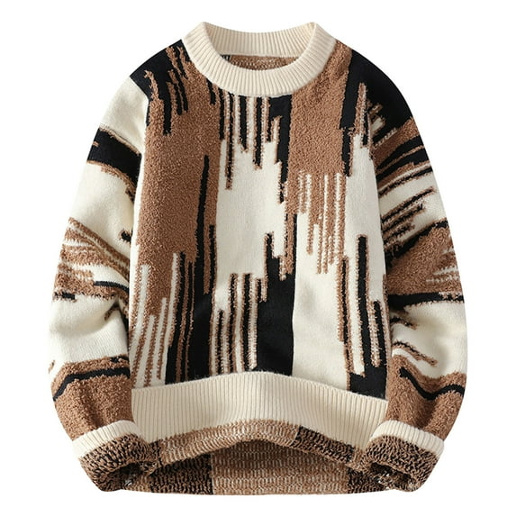RMGVDSD Men's Stylish Patchwork Sweaters Winter Thick Warm Knit Pullover Long Sleeve Crewneck Color Block Cable Knit Sweater Tops Comfortable Outwear XXXXL