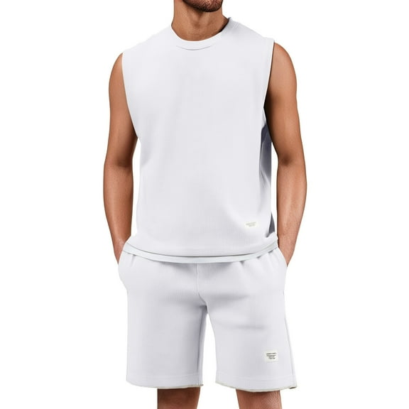 RMGVDSD Mens 2 Piece Short Sets Men's Summer Loose Sleeveless Tank Top And Shorts Set Casual Sports Suit Solid Color Workout Outfits Trendy Vacation Outfit