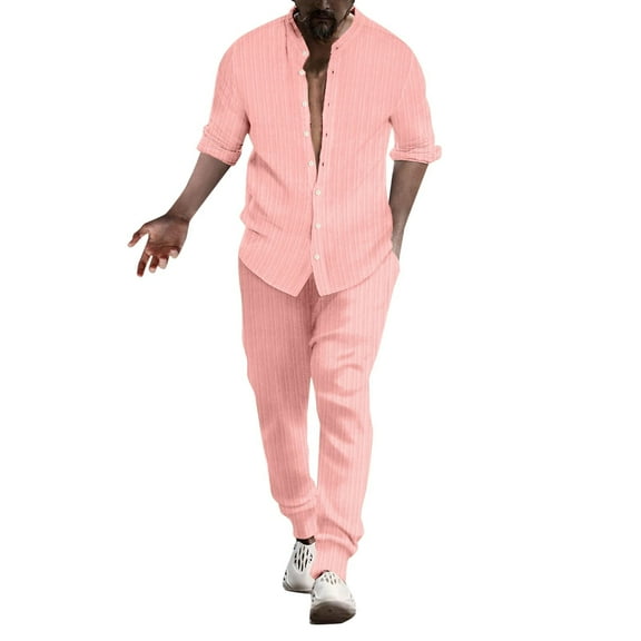 RMGVDSD Mens 2 Piece Vacation Outfit Men's Linen Shirt Sets Outfits Long Sleeve Shirts And Pants Set Loose Fit Beach Casual Sports Suit Comfort Clothes for Men