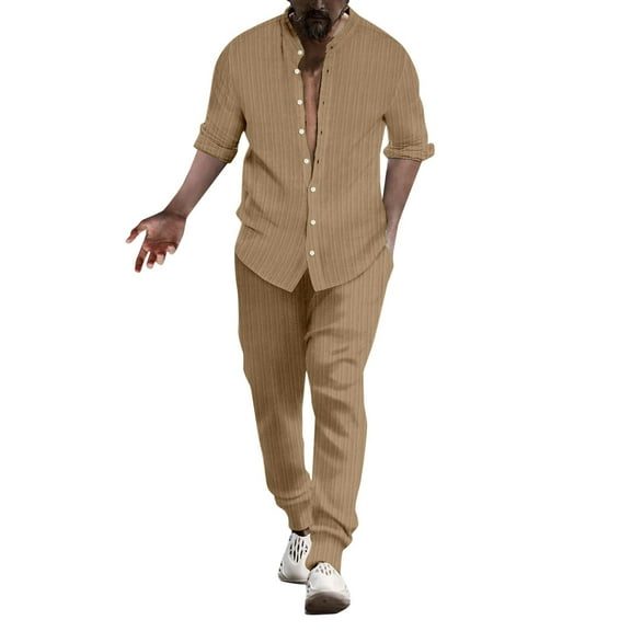 RMGVDSD Mens 2 Piece Vacation Outfit Men's Linen Shirt Sets Outfits Long Sleeve Shirts And Pants Set Loose Fit Beach Casual Sports Suit Fashion Men's Tracksuits