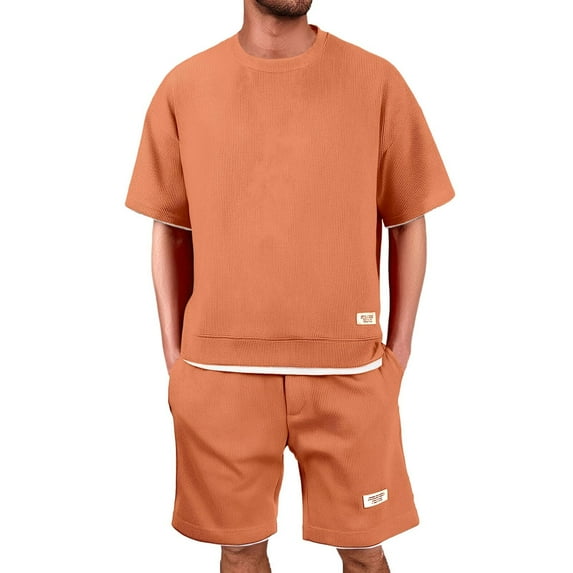 RMGVDSD Mens 2 Piece Vacation Outfit Summer Men's Short Sets Loose Crewneck Short Sleeve T Shirts And Shorts Casual Sportswear Set Comfort Workout Tracksuits