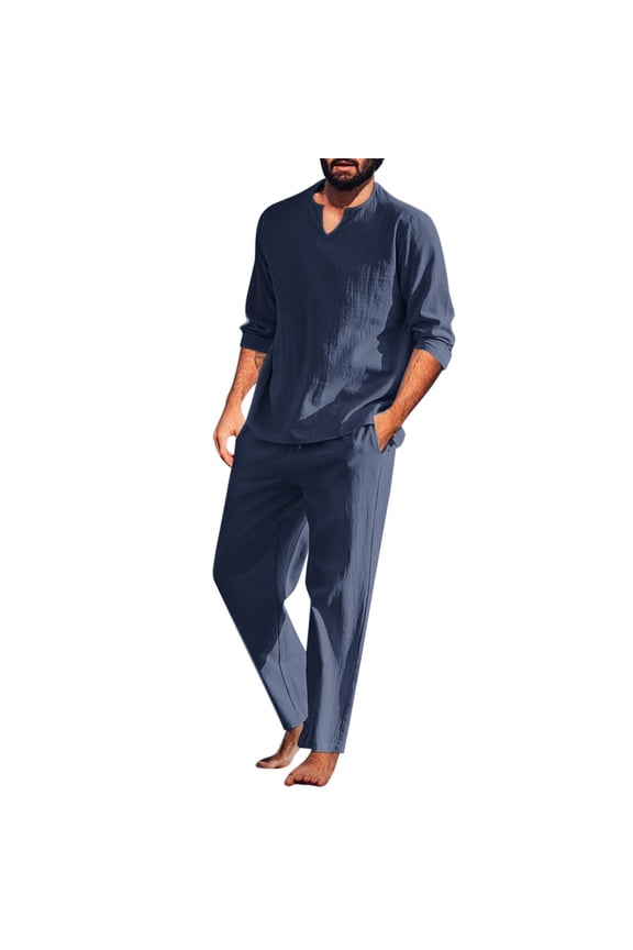 Mens Casual Beach Outfits Men's 2 Piece Linen Suit Summer Leisure Suit Plain Long Sleeve Shirt And Pants Set Comfort Yoga Outfits Trendy Vacation Outfit