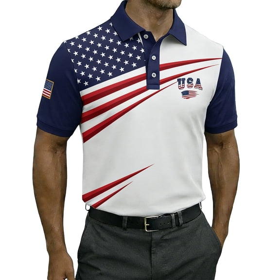 RMGVDSD Mens Golf Shirts 4th of July Polo Shirt Patriotic Independence Day Striped Star Print Short Sleeve Button Front Performance Tops Basic Shirts Tops