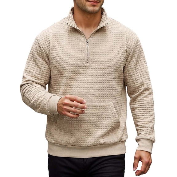 RMGVDSD Mens Quarter Zip Sweatshirt Long Sleeve Casual Waffle Pullover Solid Color Half Zip Pocket Stand Collar Sweatshirts Basic Pullover Shirts