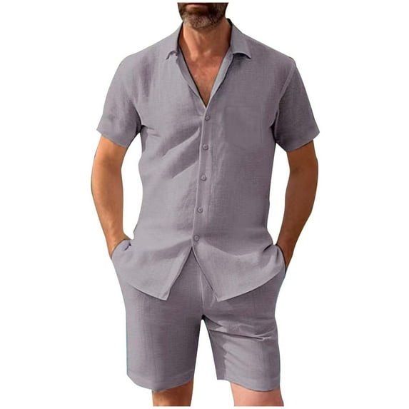 RMGVDSD Mens Summer Beach Outfits Men's Short Sleeve Shirts And Shorts Set Two Piece Solid Color Casual Summer Matching Set Lightweight Tracksuit Set