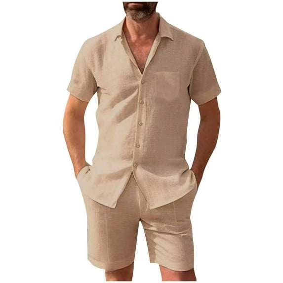 RMGVDSD Mens Summer Beach Outfits Men's Short Sleeve Shirts And Shorts Set Two Piece Solid Color Casual Summer Matching Set Soft Comfort Sports Suits