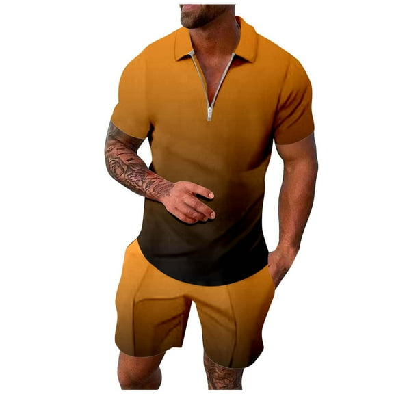 RMGVDSD Mens Summer Track Suits 2 Piece Set Mens Short Sets Gradient Short Sleeve Fashion Zipper Polo Shirt And Shorts Casual Sportswear Suit Casual Athletic Outfits