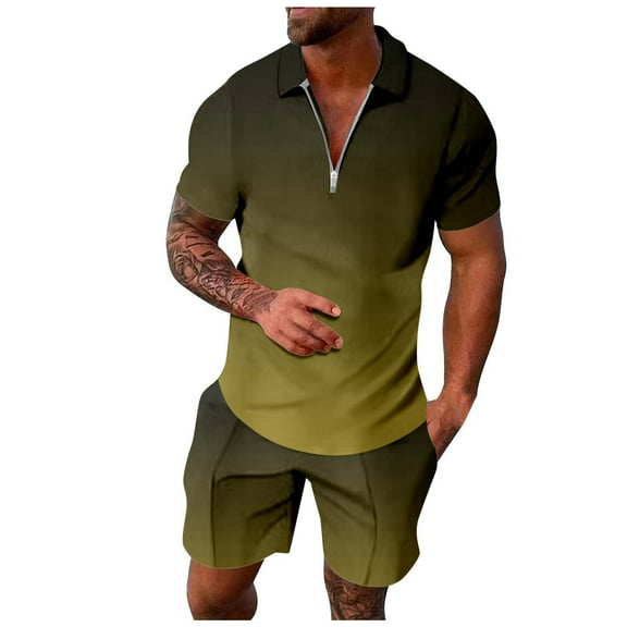 RMGVDSD Mens Summer Track Suits 2 Piece Set Mens Short Sets Gradient Short Sleeve Fashion Zipper Polo Shirt And Shorts Casual Sportswear Suit Casual Athletic Outfits