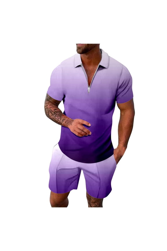 Mens Summer Track Suits 2 Piece Set Mens Short Sets Gradient Short Sleeve Fashion Zipper Polo Shirt And Shorts Casual Sportswear Suit Trendy Outfits Streetwear