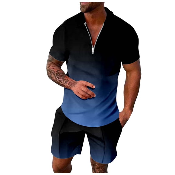 RMGVDSD Mens Summer Track Suits 2 Piece Set Mens Short Sets Gradient Short Sleeve Fashion Zipper Polo Shirt And Shorts Casual Sportswear Suit Trendy Vacation Outfit
