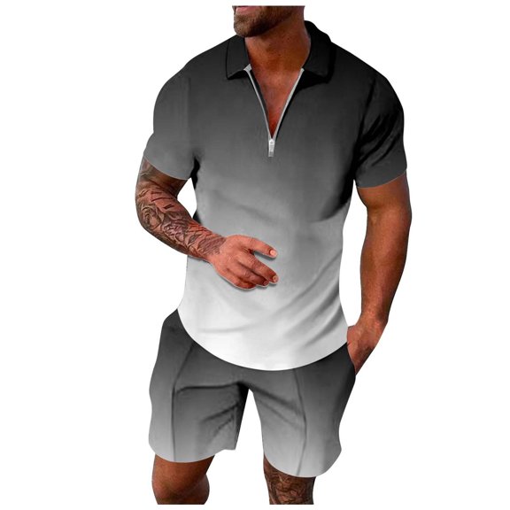 RMGVDSD Mens Summer Track Suits 2 Piece Set Mens Short Sets Gradient Short Sleeve Fashion Zipper Polo Shirt And Shorts Casual Sportswear Suit Trendy Vacation Outfit