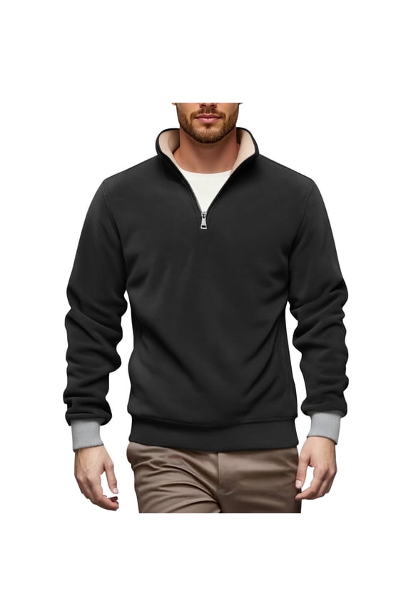 Mens Zip Up Hoodie Jacket Mens Quarter Zip Pullover Stand Collar Hoodless Sweatshirt Comfortable Long Sleeve Polo Sweatshirts Casual Outings Basic Sweatshirts L
