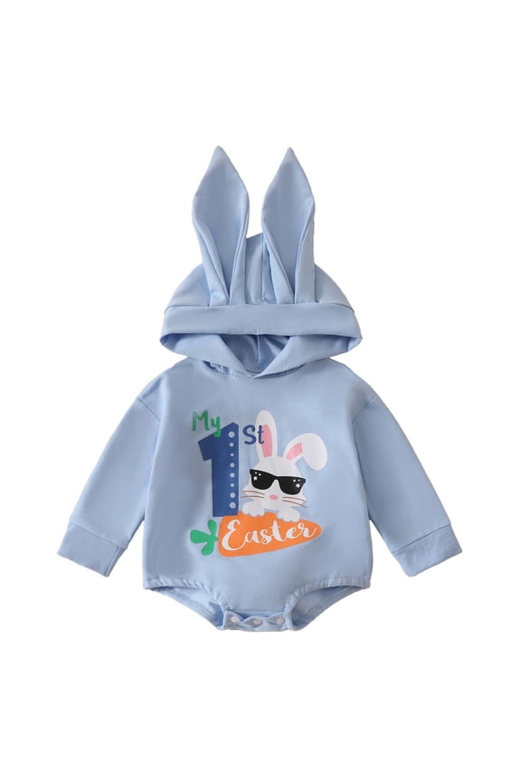 My First Easter Baby Girl Boy Outfit Cute Bunny Ear Romper Long Sleeve Bubble Hooded Bodysuit Onesie Cute Spring Clothes 0-3 Months