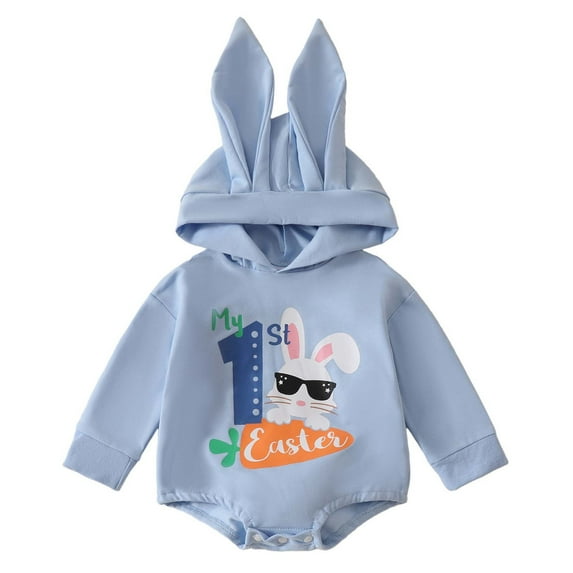 RMGVDSD My First Easter Baby Girl Boy Outfit Cute Bunny Ear Romper Long Sleeve Bubble Hooded Bodysuit Onesie Cute Spring Clothes 6-12 Months