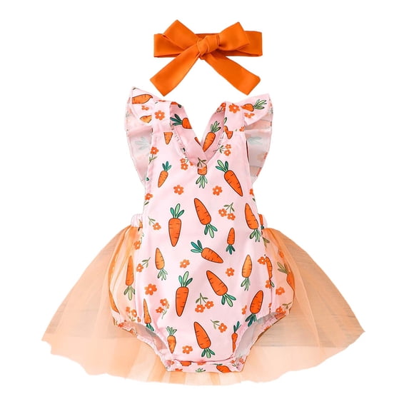 RMGVDSD My First Easter Outfit Baby Girls Romper Dress Fly Sleeve Easter Carrot Print Rompers Bodysuits Dress Headbands Set 6-12 Months