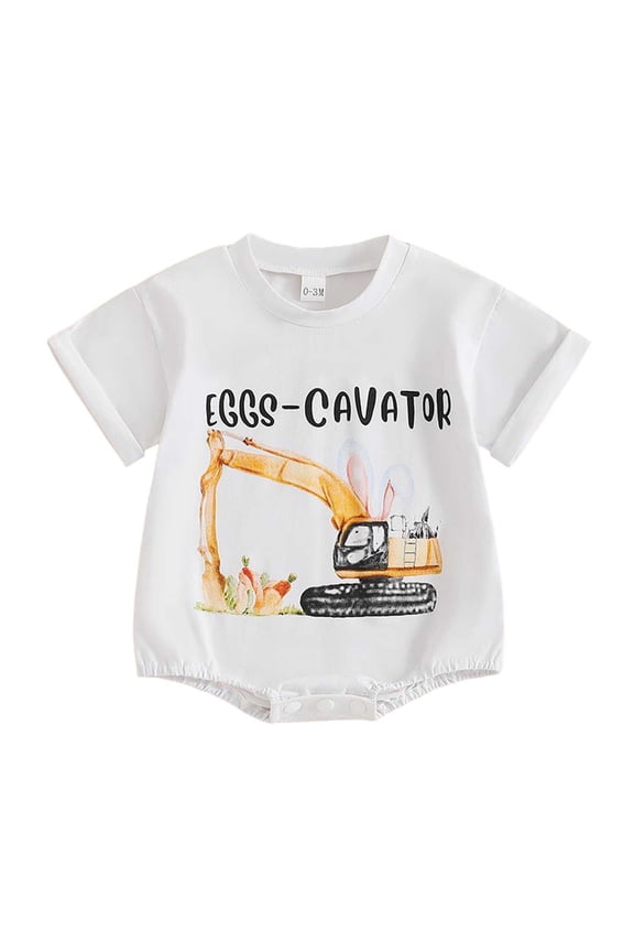 Baby Boy Girl Easter Outfit Cartoon Print Bunny Short Sleeve Bubble Romper Onesie Bodysuit Spring Clothes 0-3 Months