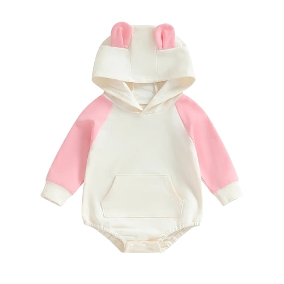 RMGVDSD Baby Boy Girl Easter Outfit Long Sleeve Hooded Romper Bodysuit Color Block Bunny Onesie Rompers Cute Easter Clothes 0-3 Months