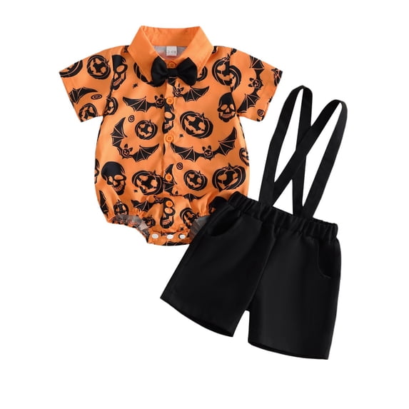 RMGVDSD Baby Boy Halloween Outfit Pumpkin Print Short Sleeve Button Down Shirt Romper Suspender Shorts Clothing Set Trendy Boys Clothes