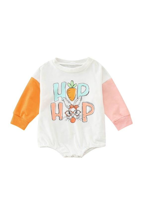 Newborn Baby Girl Boy Sweatshirt Romper Infant Easter Outfit Long Sleeve Bubble Romper Onesie Color Block Pullover Bodysuits 6-12 Months