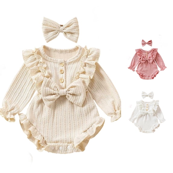 RMGVDSD Newborn Baby Girl Clothes Ruffle Sweater Long Sleeve Romper Onesie Bodysuit with Headband Solid Color Infant Fall Winter Outfits 3-6 Months