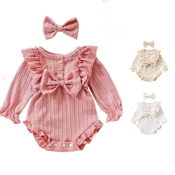 RMGVDSD Baby Girl Clothes Ruffle Sweater Long Sleeve Romper Onesie Bodysuit with Headband Solid Color Fall Winter Outfits 9-12 Months