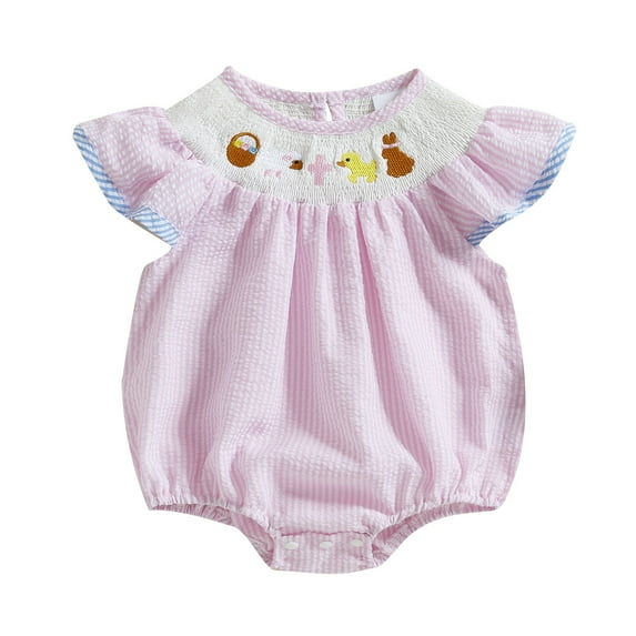 RMGVDSD Baby Girl Easter Outfit Bubble Romper Onesie Bunny Embroidered Sleeveless Smocked Bodysuits Striped Summer Clothes 0-3 Months