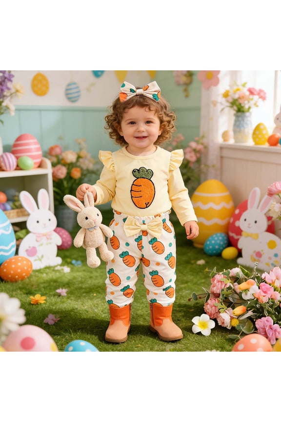 Newborn Baby Girl Easter Outfit Long Sleeve Cute Carrot Embroidery Romper Pants Headband Set Infant My First Easter Outfits Trendy Outfit Set