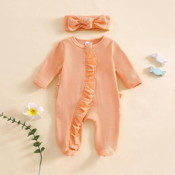 RMGVDSD Baby Girl Fall Clothes Footies Romper Ruffle Long Sleeve Onesie Jumpsuit Headband Soft Knit Coming Home Outfit
